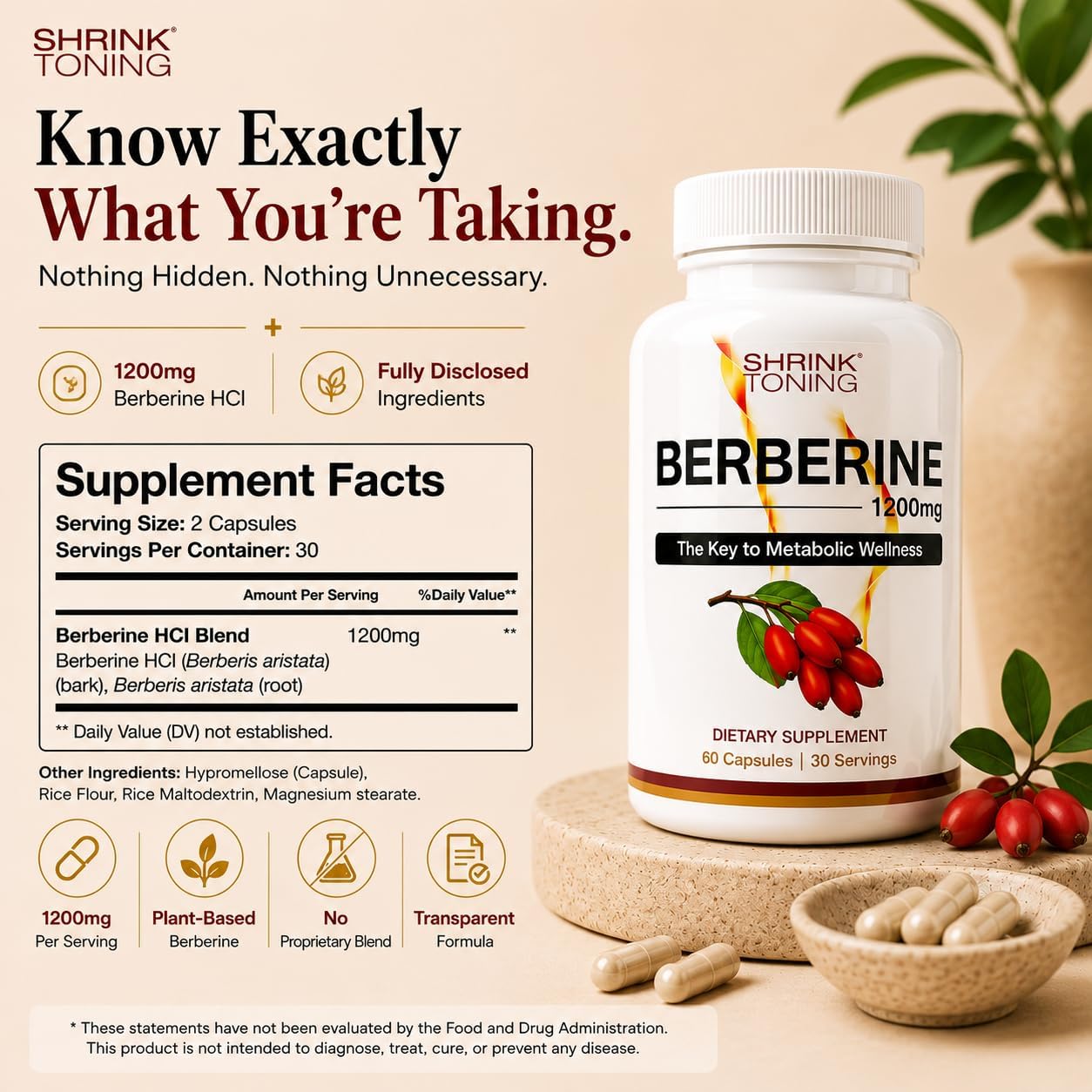 Shrink Toning Berberine HCl 1200mg Per Serving