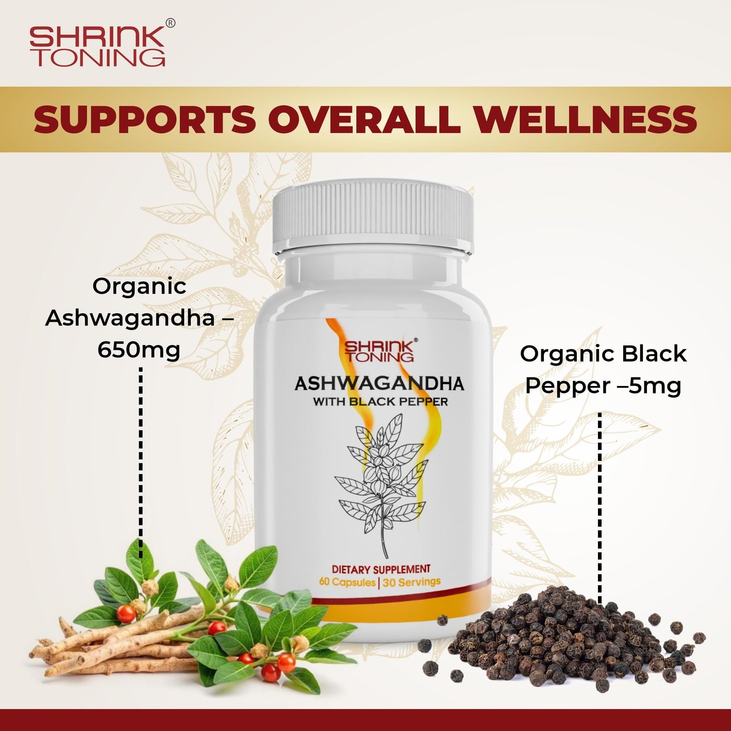 Shrink Ashwagandha with Black Pepper – 60 Capsules | 650mg