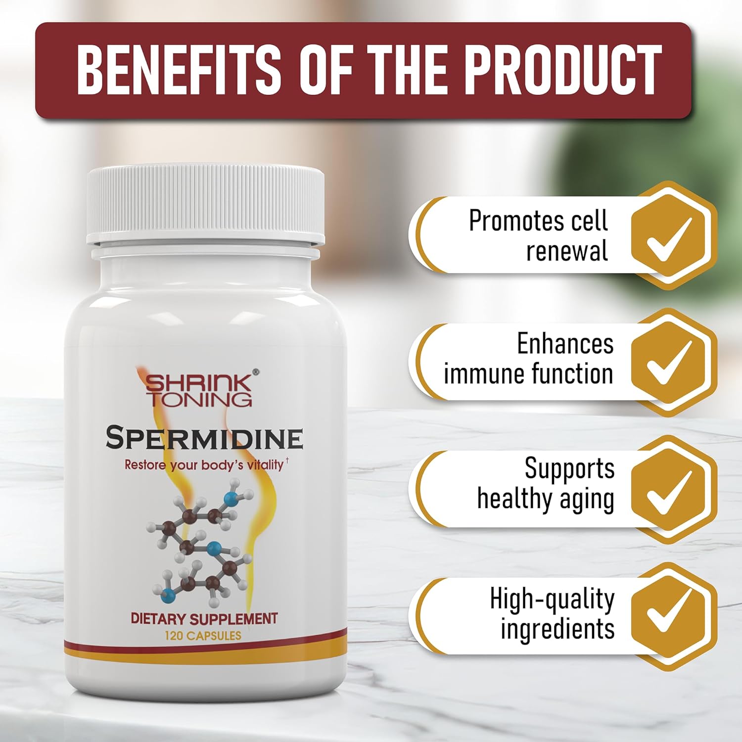 shrink Spermidine Supplements for Men & Women – 120 Vegan Caps 100% Natural Polyamine for Anti-Aging Support and Overall Wellness – Non-GMO, USA Made – with High Spermidine, Zinc & Thiamin