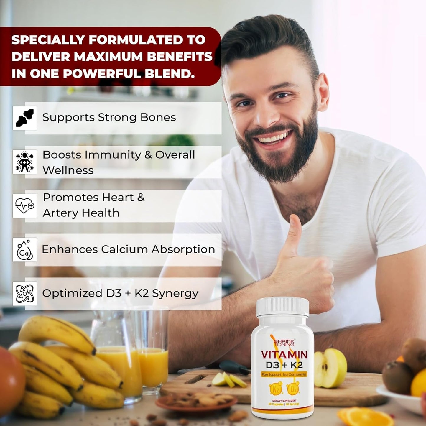 Shrink Toning Vitamin D3 + K2 Supplement – 125 mcg Vitamin D₃ & 100 mcg K₂
