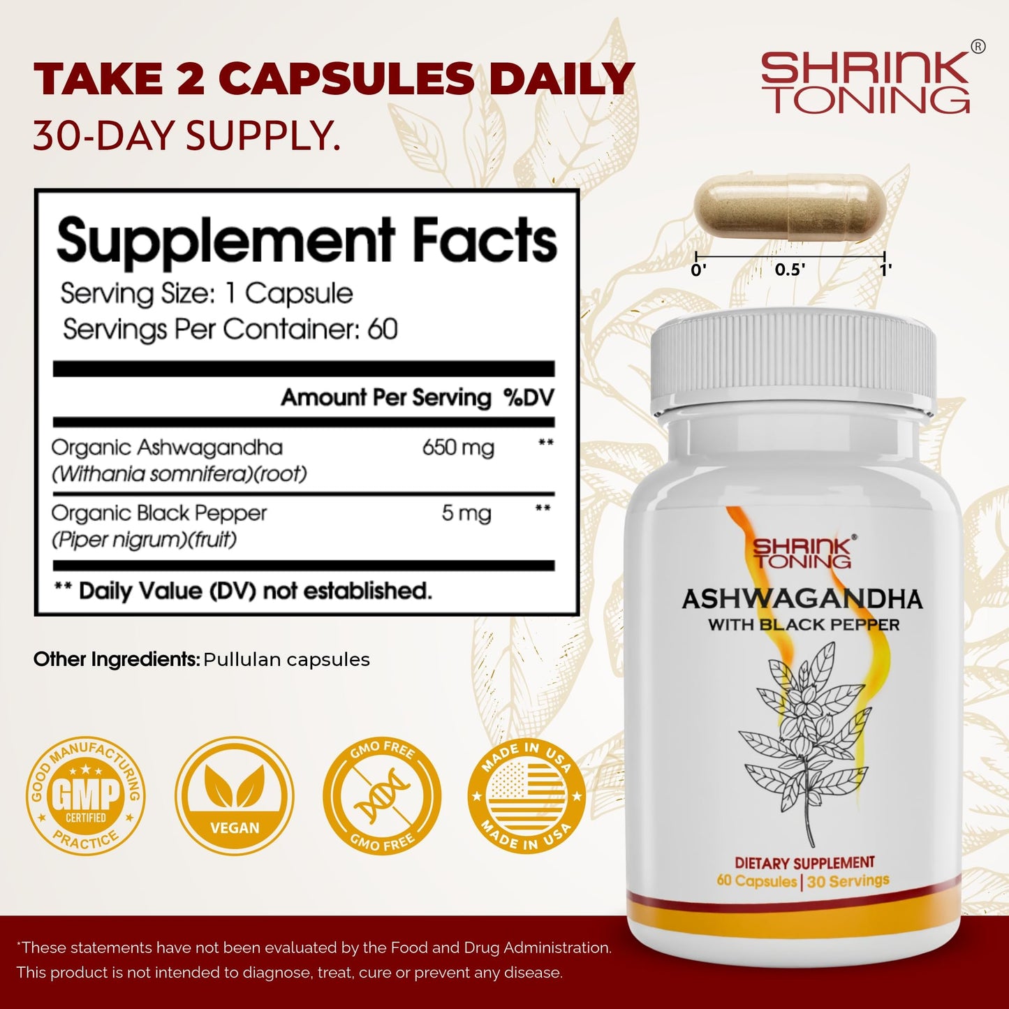 Shrink Ashwagandha with Black Pepper – 60 Capsules | 650mg