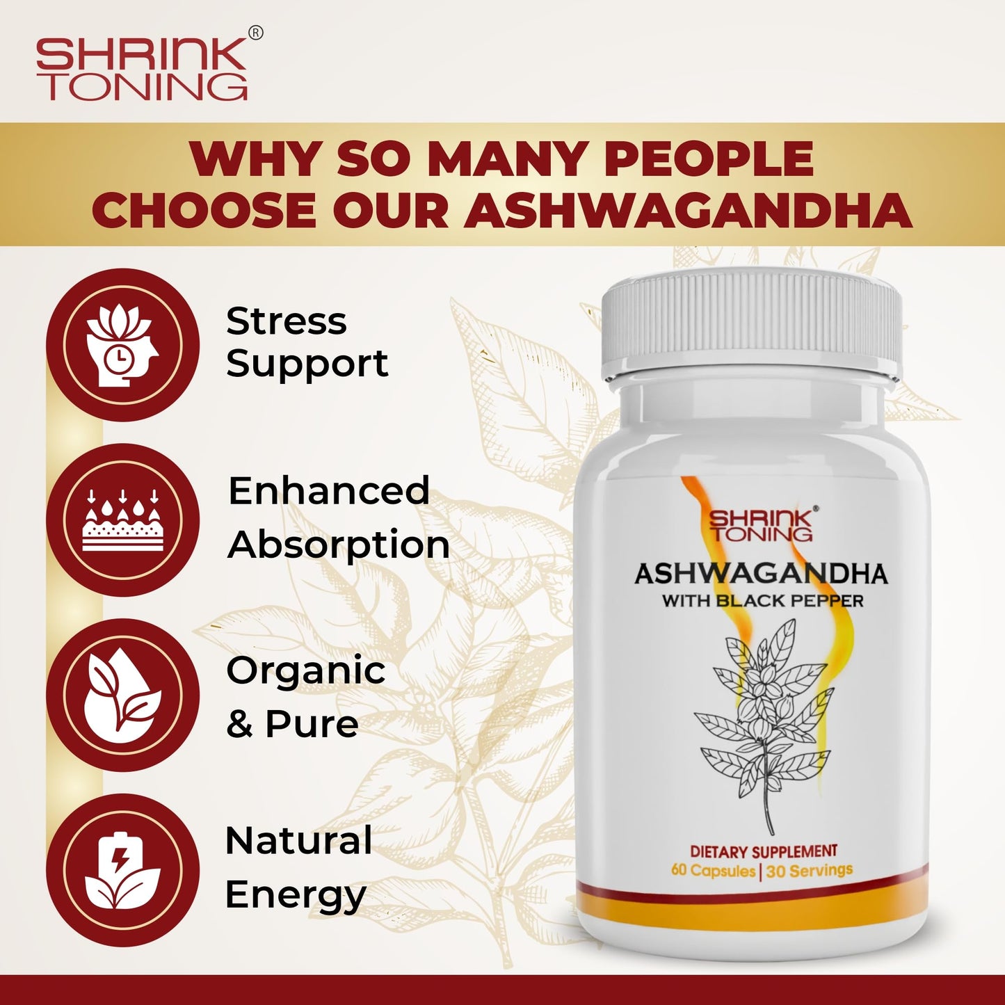Shrink Ashwagandha with Black Pepper – 60 Capsules | 650mg